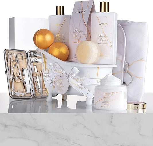 Christmas Gifts for Mom, Gift Basket, Spa Gifts For Women, 31Pc Self Care Kit, Stress Relief Gift, Birthday, Thank You, Honey Almond Bath and Body Gift - Toiletry Bag, Nail Kit, Bath Bombs & More
