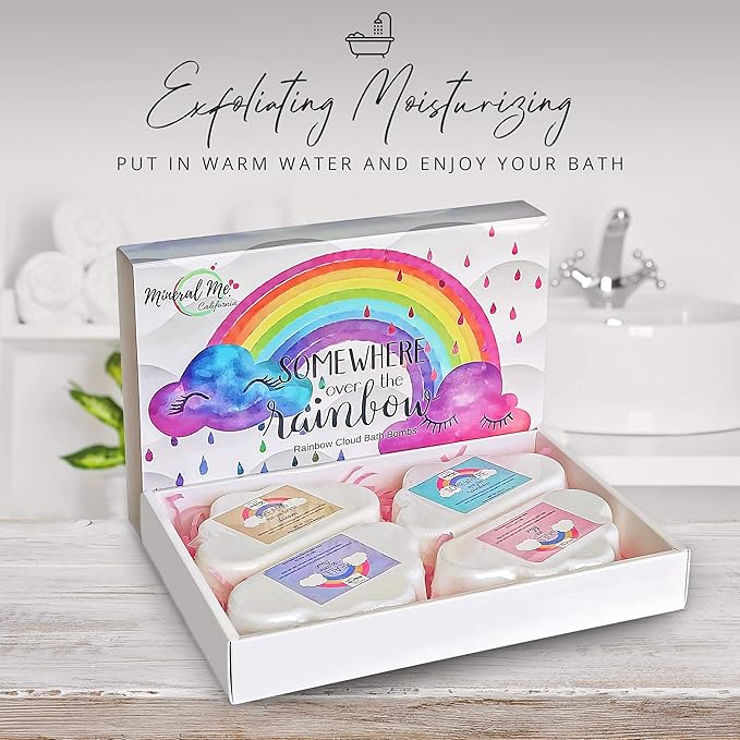 Bath Bombs - Organic Magic Rainbow Bubble Bath Bombs w/Moisturizing Shea Butter and Natural Oils, 4 Large Unicorn Cloud BathBombs, Birthday Gift for Her