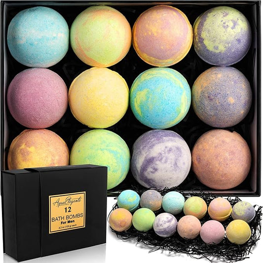 Luxury Bath Bombs for Men - Gift Set of 12 Large Bathbombs with Organic Essential Oils - Natural Vegan Soap for Moisturizing Fizzy Bubbles, Sandalwood