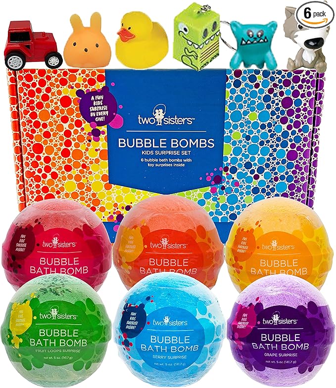 Kids Bath Bombs with Surprise Toys Inside (6 Pack) - Releases Color & Bubbles, Won’t Stain Tub, Moisturizing, Large Bubble Bomb, USA Made - Ideal Gift for Girls & Boys by Two Sisters