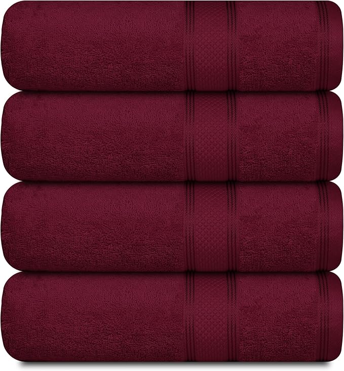 Casa Lino Burgundy Bath Towels Set of 4 (54" x 27") - Large Bathroom Towel Set - 100% Cotton Towels for Bathroom - Highly Absorbent & Quick Dry Bath Towel Multipack - New Apartment Essentials