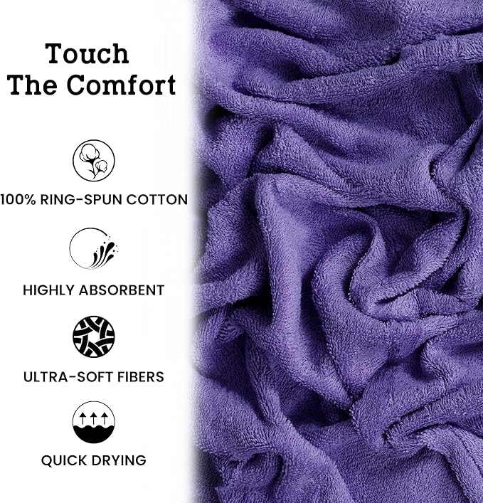 Casa Lino Bath Towel Set of 8 (2 Bath Towels, 4 Wash Cloths & 2 Hand Towels for Bathroom) - 100% Cotton - Highly Absorbent & Quick Dry - Guest Room Essentials for Bathroom Set - (Purple)