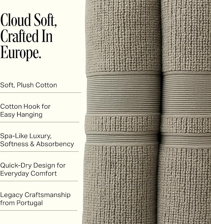 Preston Lane Douro Bath Towel Set – 2 Pack Luxury Cotton Towels, Ultra Soft & Absorbent, Quick-Dry Spa-Quality Bathroom Towels, Made in Portugal, Eucalyptus