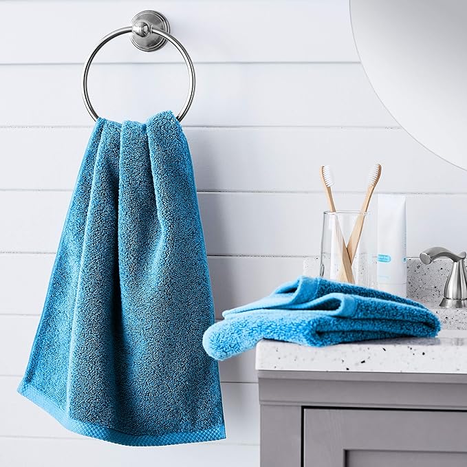 Amazon Basics Quick-Dry Hand Towels - 100% Cotton, 8-Pack, 28 x 16 inches, Lake Blue