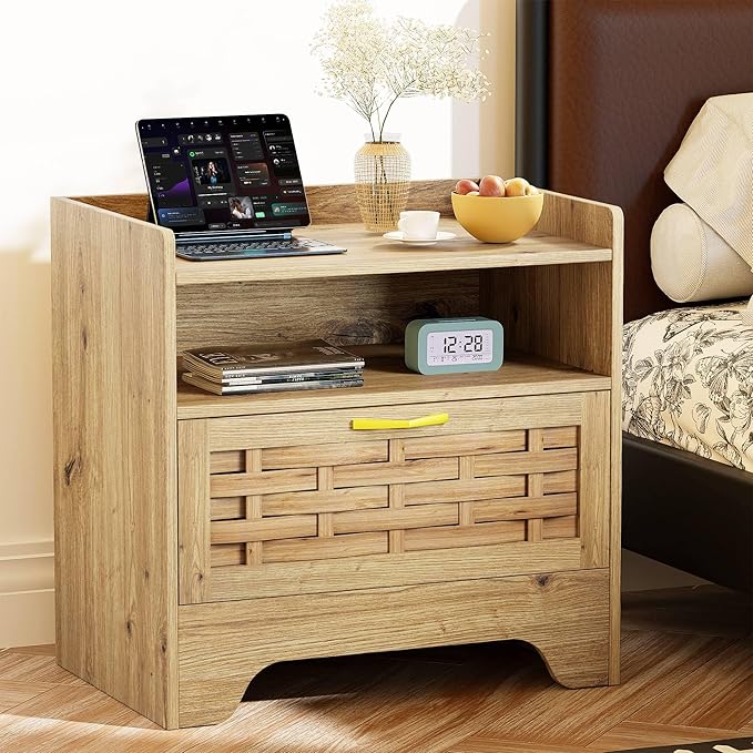 24" Rattan Nightstand with Storage Drawer, Oak Bedside Table with Semi Open Cubby, Boho Night Stand with Farmhouse Arched Base for Bedroom, Side Table, End Table for Dorm