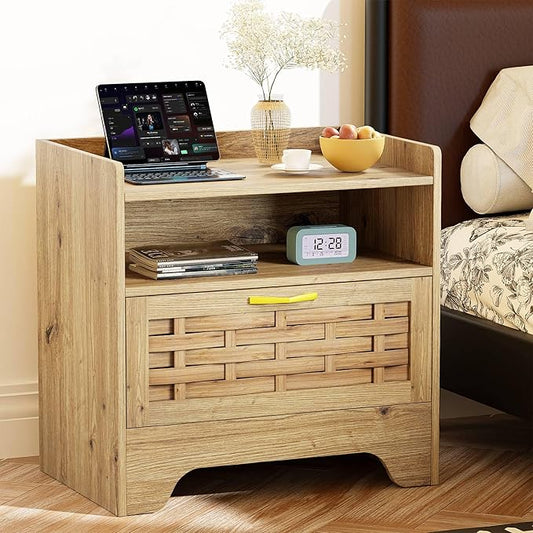 24" Rattan Nightstand with Storage Drawer, Oak Bedside Table with Semi Open Cubby, Boho Night Stand with Farmhouse Arched Base for Bedroom, Side Table, End Table for Dorm