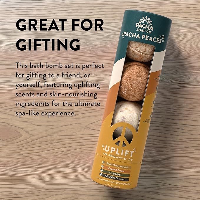 PACHA SOAP Co. Froth Bath Bomb, Pacha Peaces, Uplift, 2-Pack (8-Pieces) - Scents of Almond, Coconut, and Patchouli, & Lemongrass - Nourishing, Moisturizing, Naturally Derived & Handcrafted in The USA