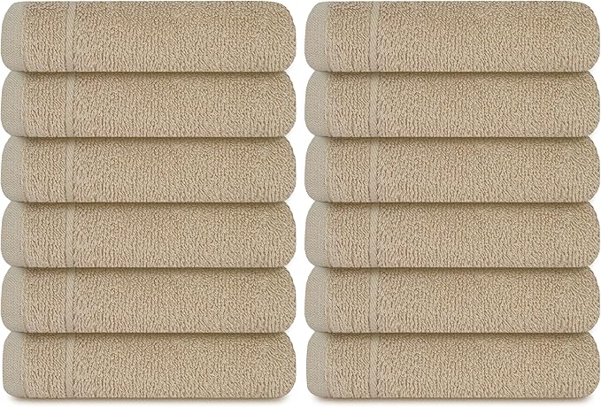 Tens Towels Pack of 12 Washcloths, 12 x 12 Inches, Lighter Weight, Quick to Dry, Super Soft & Absorbent, Gentle Face Towels, Hotel Quality, Perfect for Bathroom, Gym, Spa (Beige, 12 Pack)