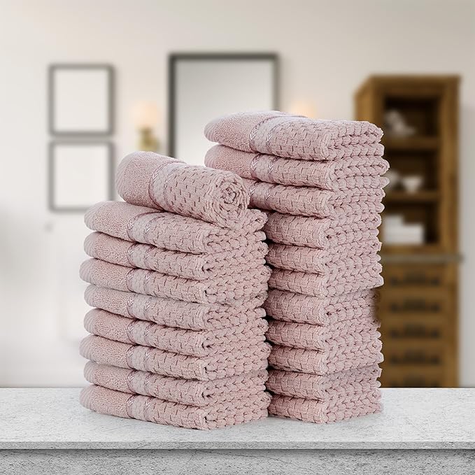 Ample Decor 100% Cotton Washcloths Set of 20 - Highly Absorbent, Popcorn Textured - Mulaayam Collection - Soft Pink 12 X 12 Inch