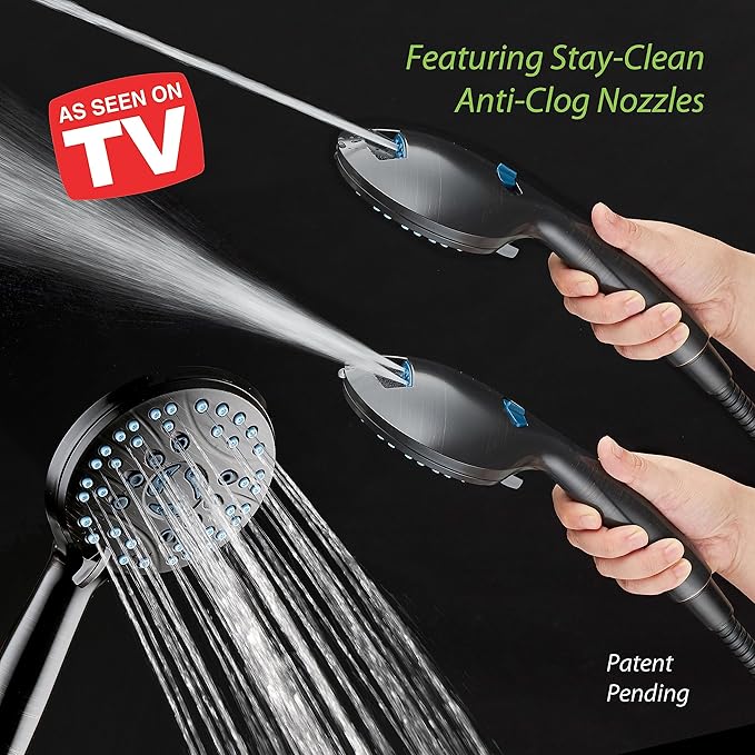 Hotel Spa AquaCare High Pressure 8-mode Handheld Shower Head - Anti-clog Nozzles, Built-in Power Wash to Clean Tub, Tile & Pets, Extra Long 6 ft. Stainless Steel Hose, Wall & Overhead Brackets