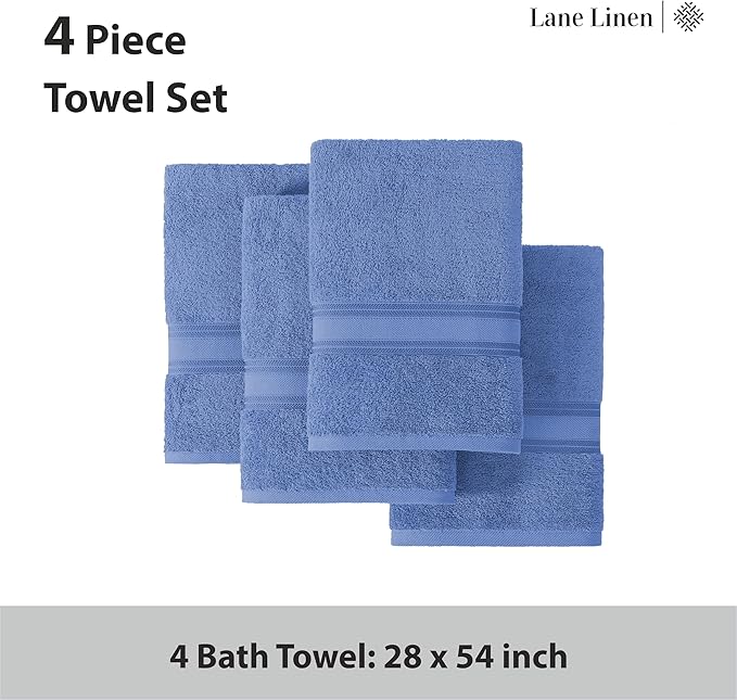 LANE LINEN 100% Cotton 4 Pack Bath Towels (28"x54") - Zero Twist, Mercerized Cotton Bathroom Towels Set - Quick Dry, Soft & Absorbent Large Bath Towels - Machine Wash in Cold Water - Cerulean Blue