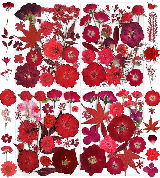 150PCS Red Dried Pressed Flowers with Butterfly Stickers - YouthBro Real Nature Flowers Herb Set for Resin DIY Jewelry Candle Soap Vase Making Nail Card Scrapbook Art Craft Floral Decors