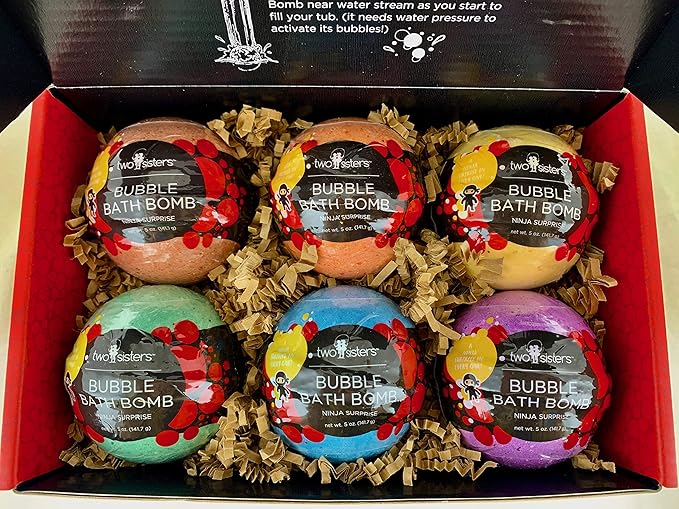 Ninja Kids Bath Bombs with Surprise Toy Inside (6 Pack) - Large Red Bubble Bomb and Fizzies, Gentle and Safe, USA Made - Ideal Gift for Boys and Girls by Two Sisters