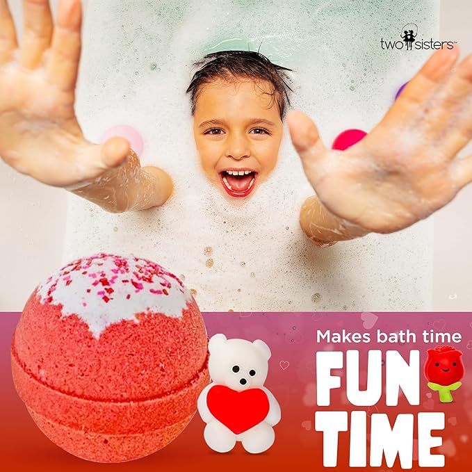 Valentines Bath Bombs for Kids with Surprise Heart Squishy Toys Inside (1 Pack) - Bubble Bath, USA Made, Kids Safe Ingredients, Fruity Scents, Valentines Day Gifts for Kids & Women by Two Sisters