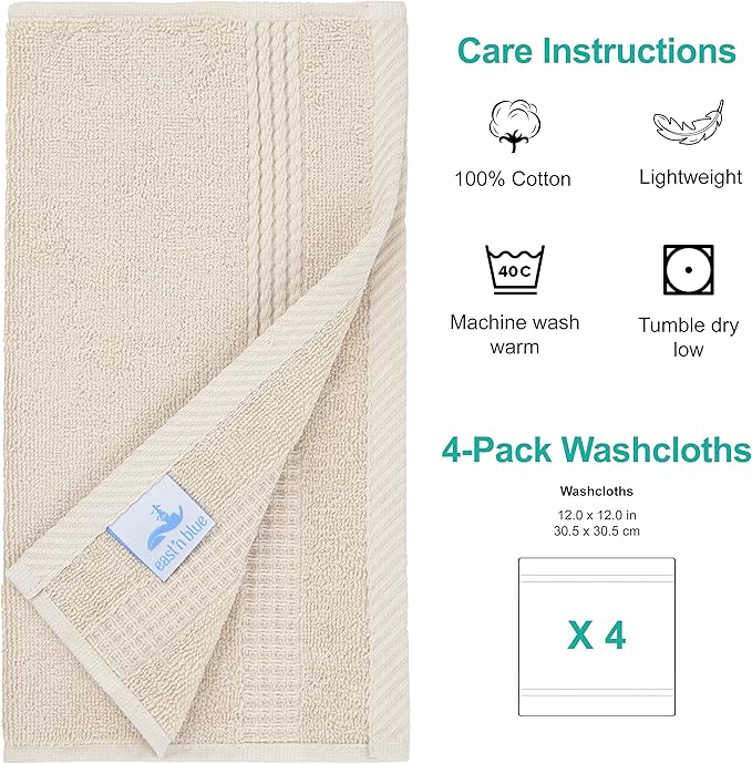 EastNBlue Lara 100% Turkish Cotton Washcloths 4 Pack, Extra Soft & Absorbent Wash Cloths for Face & Body (12" x 12"), Terry Cloth, Small Hand Towels for Bathroom, Beige