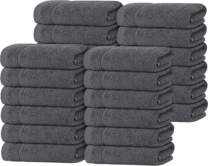 Tens Towels Pack of 24 Washcloths, 12 x 12 Inches, Lighter Weight, Quick to Dry, Super Soft & Absorbent, Gentle Face Towels, Hotel Quality, Perfect for Bathroom, Gym, Spa (Dark Grey, 24 Pack)