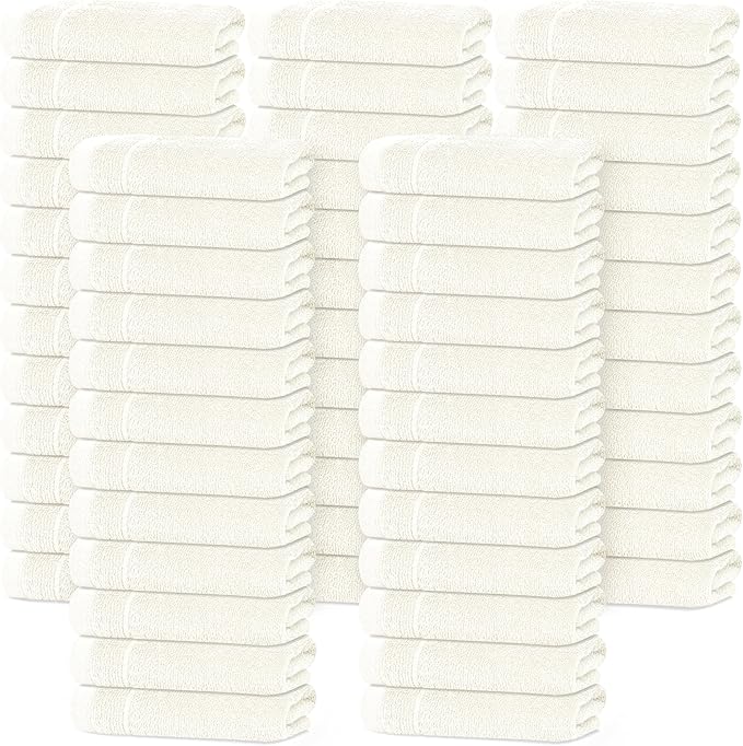 Tens Towels Pack of 60 Washcloths, 12 x 12 Inches, Lighter Weight, Quick to Dry, Super Soft & Absorbent, Gentle Face Towels, Hotel Quality, Perfect for Bathroom, Gym, Spa (Ivory, 60 Pack)