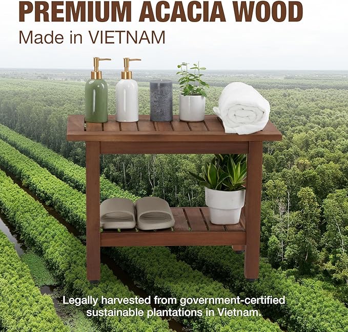 24 inch Acacia Wood Shower Bench with Storage Shelf - Waterproof Sturdy Shower Stool - Shower Seats for Adults and Elderly - Bathroom Bench 350 lb Capacity