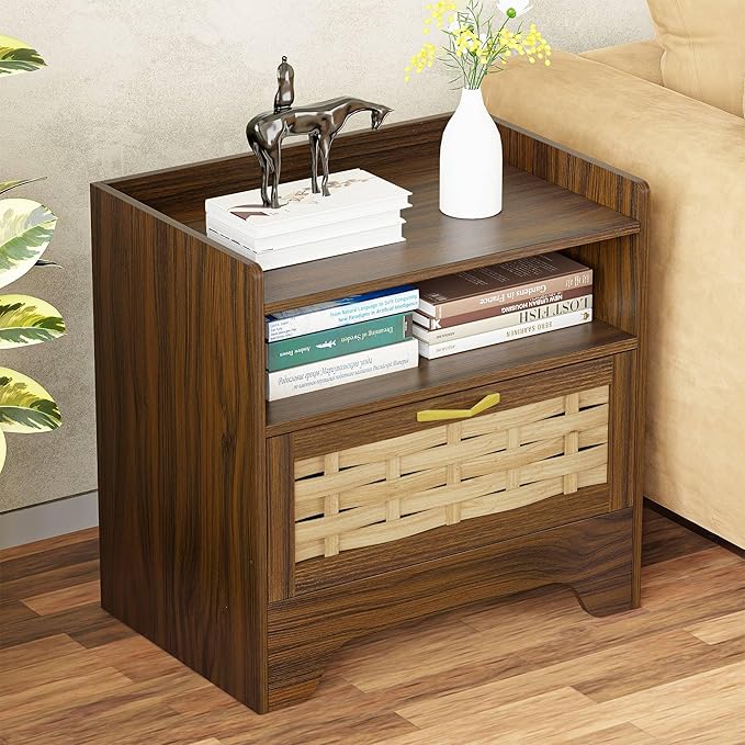 24" Rattan Nightstand with Storage Drawer, Walnut Bedside Table with Semi Open Cubby, Boho Night Stand with Farmhouse Arched Base for Bedroom, Side Table, End Table for Dorm