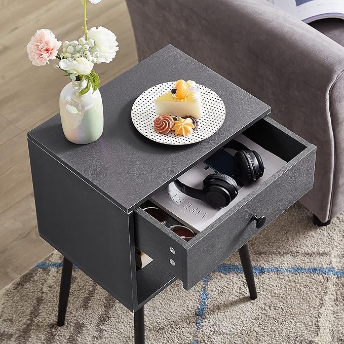 VECELO Nightstands Set of 2, Mid Century Modern End Bedside Table, Night Stand with Storage Drawer and 2 Tiers Open Shelf for Small Place, Bedroom, Living Room, Easy Assembly, Grey