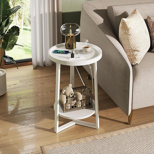WLIVE Round End Table with Charging Station, 2 Tier Side Table for Living Room/Bedroom, Round Nightstand with Storage Shelf, Small Spaces, Wood Tabletop & Metal Frame, White