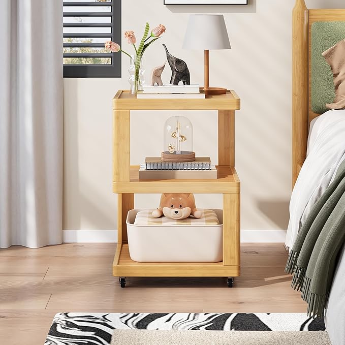 ZIYOO 3-Tier Solid Wood Mobile Side Table with Wheels, Wooden Night Stand, Unique Floating Design Storage Organizer for Bedroom, Living Room, Small Spaces, Natural Bamboo