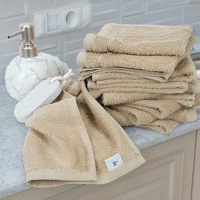 Tens Towels Pack of 60 Washcloths, 12 x 12 Inches, Lighter Weight, Quick to Dry, Super Soft & Absorbent, Gentle Face Towels, Hotel Quality, Perfect for Bathroom, Gym, Spa (Beige, 60 Pack)