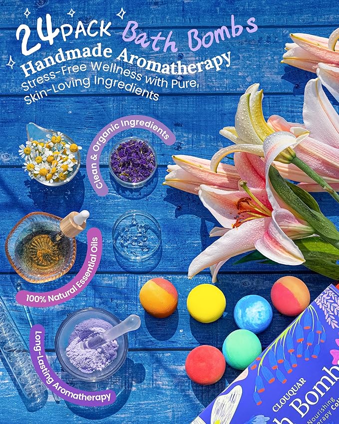 Hemp Oil Bath Bombs Gift Set, 24 Pack Natural Bubble Bath Spa Kit with Pure Essential Oils, Refreshing & Relaxing Bath Gift for Birthday, Mother’s Day & Valentine’s Day