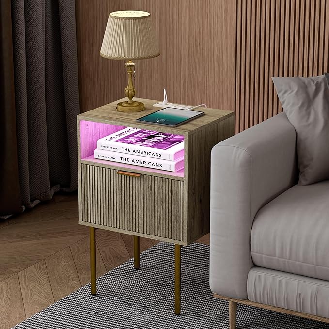 Modern Nightstand with Charging Station and LED Lights, White Bedside Table with Drawer, Fluted Side Table for Living Room, Bedroom