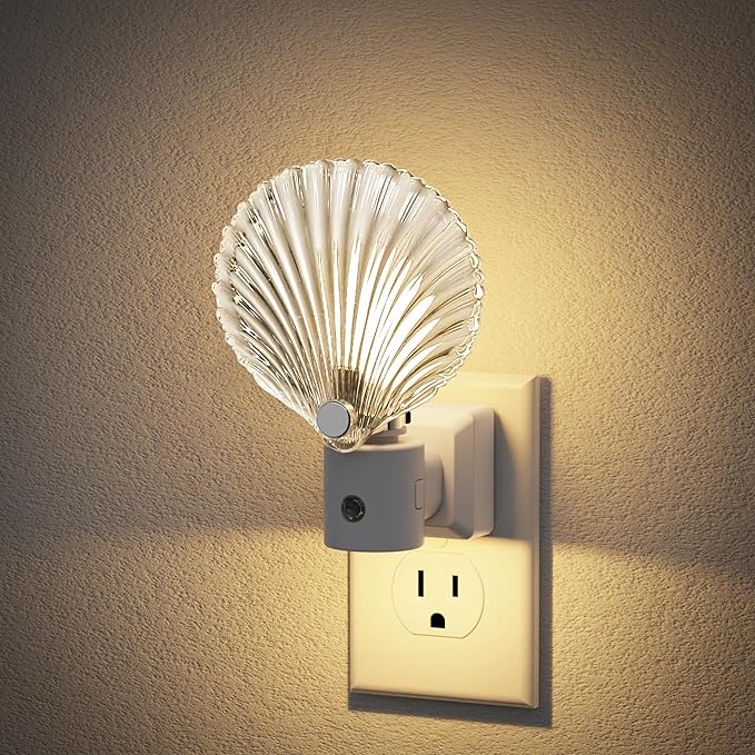 JandCase Night Light, Night Lights Plug into Wall, Dusk to Dawn Sensor Seashell Nightlights, 3000K Soft White Brightness Adjustable Nightlight for Kids Bedroom Hallway Kitchen