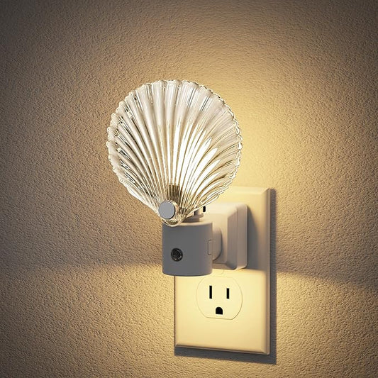 JandCase Night Light, Night Lights Plug into Wall, Dusk to Dawn Sensor Seashell Nightlights, 3000K Soft White Brightness Adjustable Nightlight for Kids Bedroom Hallway Kitchen
