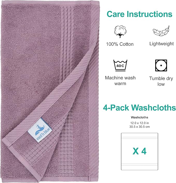 EastNBlue Lara 100% Turkish Cotton Washcloths 4 Pack, Extra Soft & Absorbent Wash Cloths for Face & Body (12" x 12"), Terry Cloth, Small Hand Towels for Bathroom, Damson (Purple)
