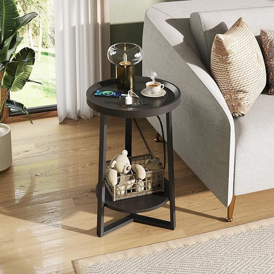 WLIVE Round End Table, 2 Tier Side Table with Charging Station, Round Nightstand with Storage Shelf, Small Spaces, Living Room/Bedroom, Wood Tabletop & Metal Frame, Black