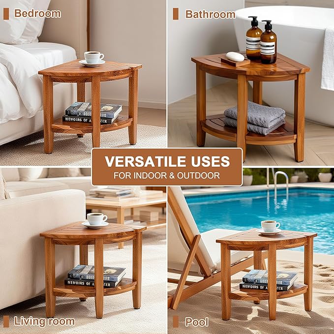 18" Teak Corner Shower Stool, 2-Tier Teak Shower Bench with Storage Shelf, Adjustable Non-Slip Feet, Natural