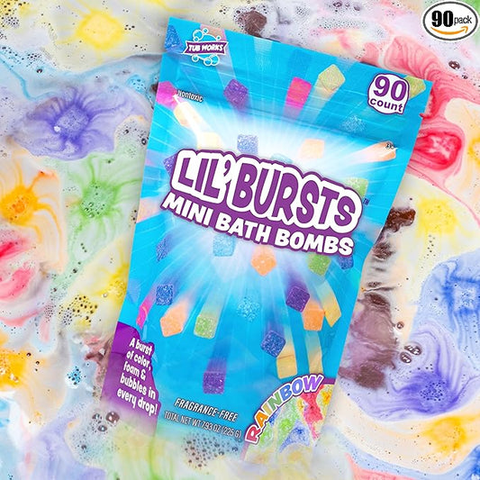 Tub Works® Lil' Bursts™ Mini Bath Bombs for Kids, 90 Count, Rainbow | Nontoxic | Tiny Kids Bath Bombs with A Burst of Color, Foam & Bubbles | Customize Toddler Bath with 7 Colors | Make Bathtub Art