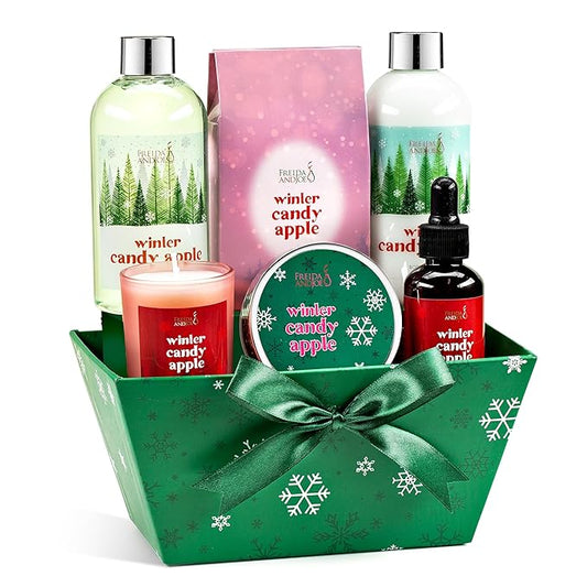Bath and Body Gift Set for Women with Shower Gel, Body Lotion, Body Scrub, Body Oil, Bath Salt, and Scented Candle – Perfect Spa Gift (Winter Candy Apple)
