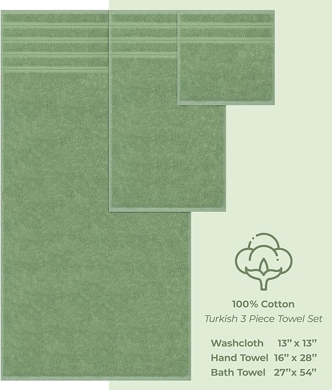 American Soft Linen Premium 3 Piece Towel Set, 1 Bath Towel 1 Hand Towel 1 Washcloth, 600 GSM 100% Cotton Turkish Towels for Bathroom, Sage Towel Set