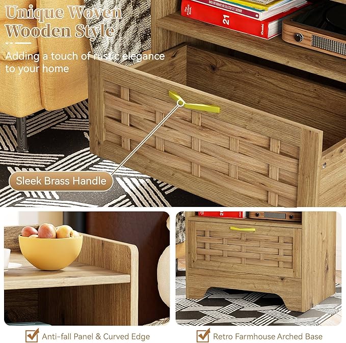 24" Rattan Nightstand with Storage Drawer, Oak Bedside Table with Semi Open Cubby, Boho Night Stand with Farmhouse Arched Base for Bedroom, Side Table, End Table for Dorm