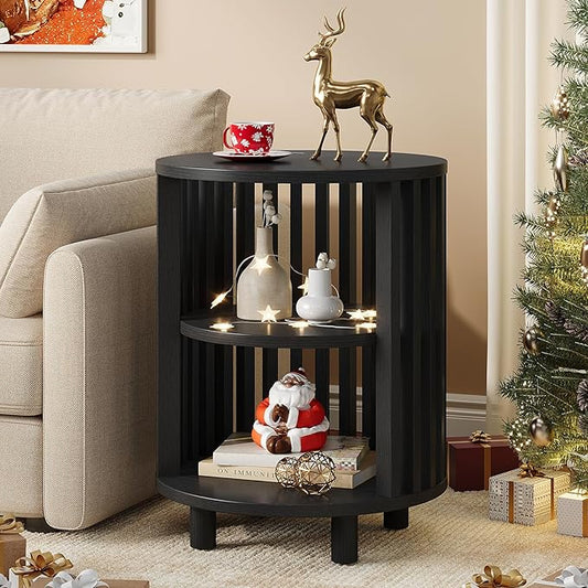 Round End Table, Wood Bedside Table, Mid Century Modern Nightstand with Open Storage Shelf, 3 Tier Small Side Tables for Living Room, Bedroom, Curved Profile Design, Black(1-Pack)