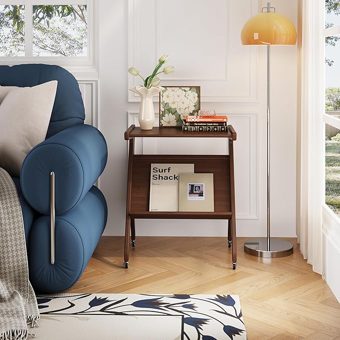 ZIYOO Solid Wood Mobile Side Table with Lockable Wheels, Multi-Functional Rolling End Table & Nightstand for Bedroom/Living Room, Small Spaces, Walnut