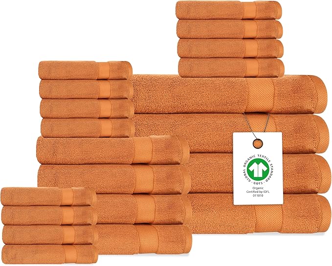 Delara Organic Cotton Luxuriously Plush Bath Towel 20 Piece Set|GOTS & Oeko-TEX Certified|Premium Hotel Quality Towels|Feather Touch Technology|650 GSM Long Staple|Soft, Quick Dry & Ultra-Absorbent