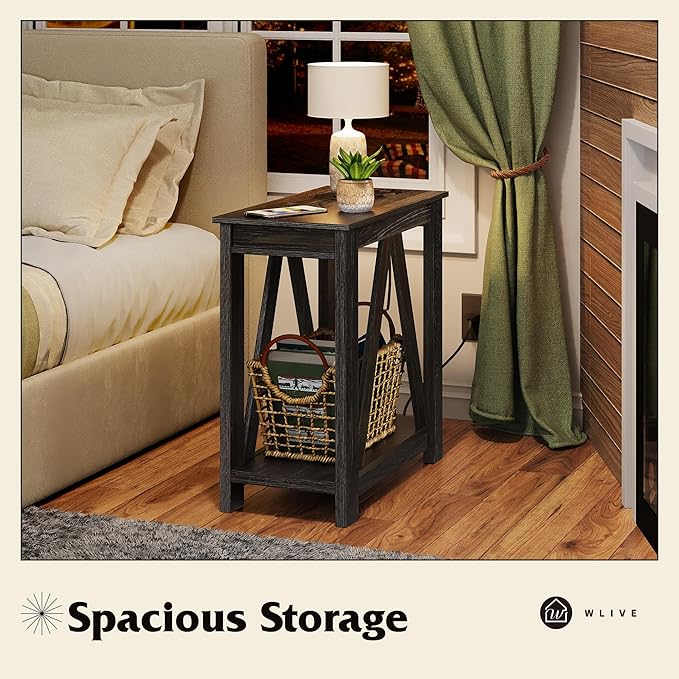 WLIVE Narrow End Table with Charging Station of Open Storage Shelf, Sofa Side Table with 2 USB Ports and 2 Power Outlets, Slim Farmhouse End Table for Small Spaces, 11.8" D x 23.6" W x 23.74" H