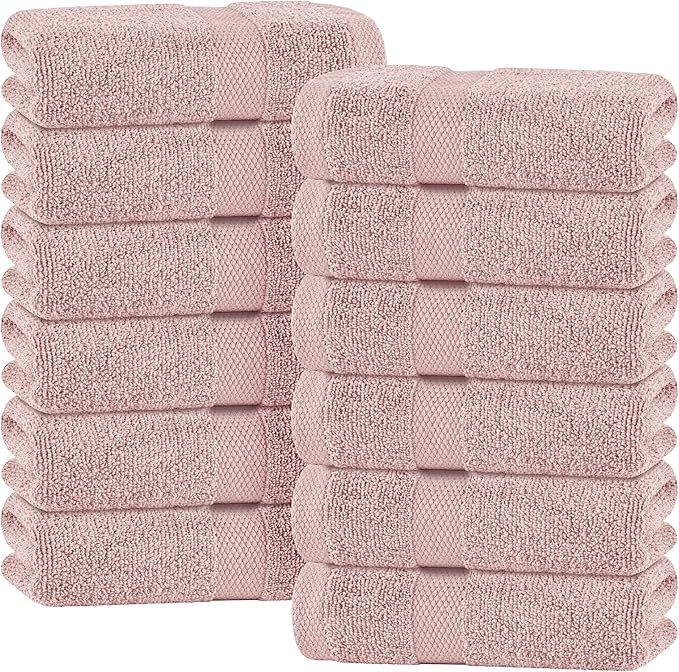 White Classic Pink Hand Towels for Bathroom [12 Pack] Cotton Hand Towel Bulk for Gym, Kitchen and Spa, 16x27 Inches Soft Highly Absorbent Quick Dry Terry Salon Towels