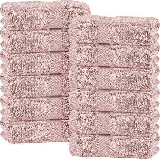 White Classic Pink Hand Towels for Bathroom [12 Pack] Cotton Hand Towel Bulk for Gym, Kitchen and Spa, 16x27 Inches Soft Highly Absorbent Quick Dry Terry Salon Towels