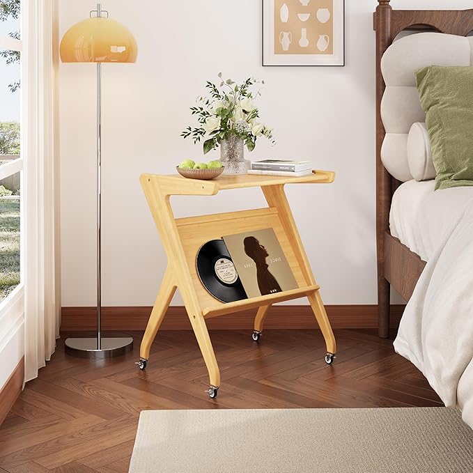 ZIYOO Solid Wood Mobile Side Table with Lockable Wheels, Multi-Functional Rolling End Table & Nightstand for Bedroom/Living Room, Small Spaces, Natural Bamboo