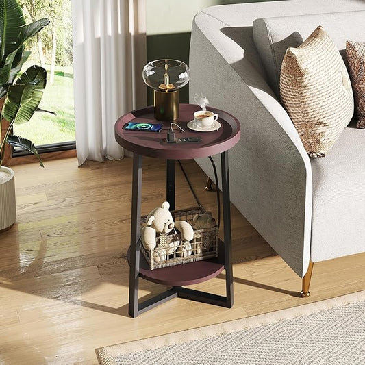 WLIVE Round End Table with Charging Station, 2 Tier Side Table for Living Room/Bedroom, Round Nightstand with Storage Shelf, Small Spaces, Wood Tabletop & Metal Frame, Black