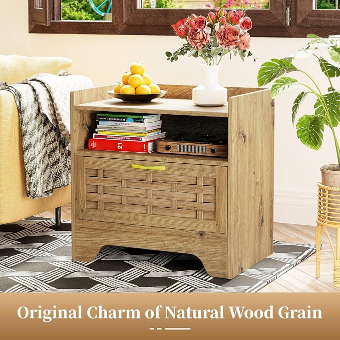 24" Rattan Nightstand with Storage Drawer, Oak Bedside Table with Semi Open Cubby, Boho Night Stand with Farmhouse Arched Base for Bedroom, Side Table, End Table for Dorm