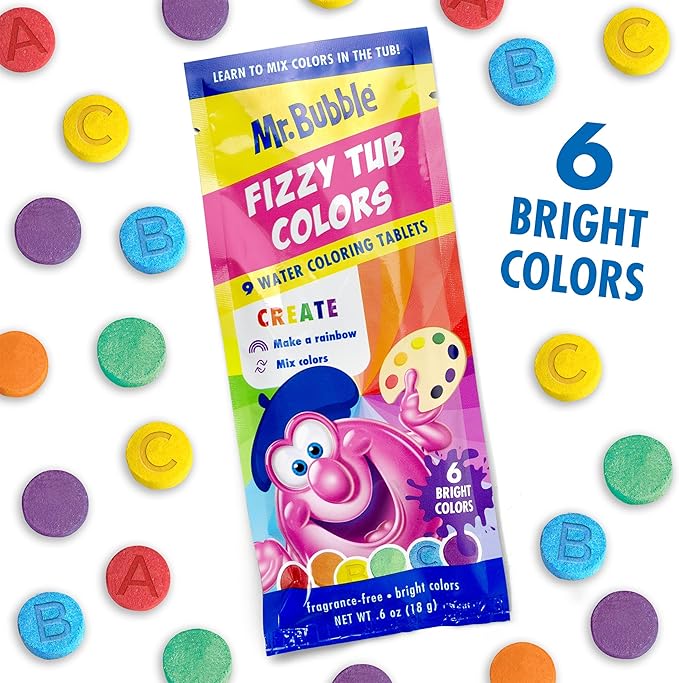 Mr. Bubble Fizzy Tub Colors Bath Water Coloring Tabelets, 6 Bright Colors, Red, Orange, Yellow, Purple, Blue and Green, Fragrance Free (12 Packets, 9 Tablets Each)