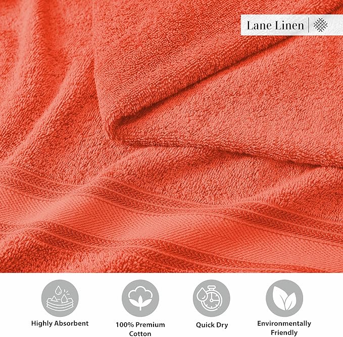 LANE LINEN 100% Cotton Zero Twist, Bath Towels (30"x60") - 4 Pieces - Large Towels for Bathroom - Quick Drying, Soft & Absorbent Large Shower Towel Set - Used in Gym, Hotel, Spa, Home - Living Coral