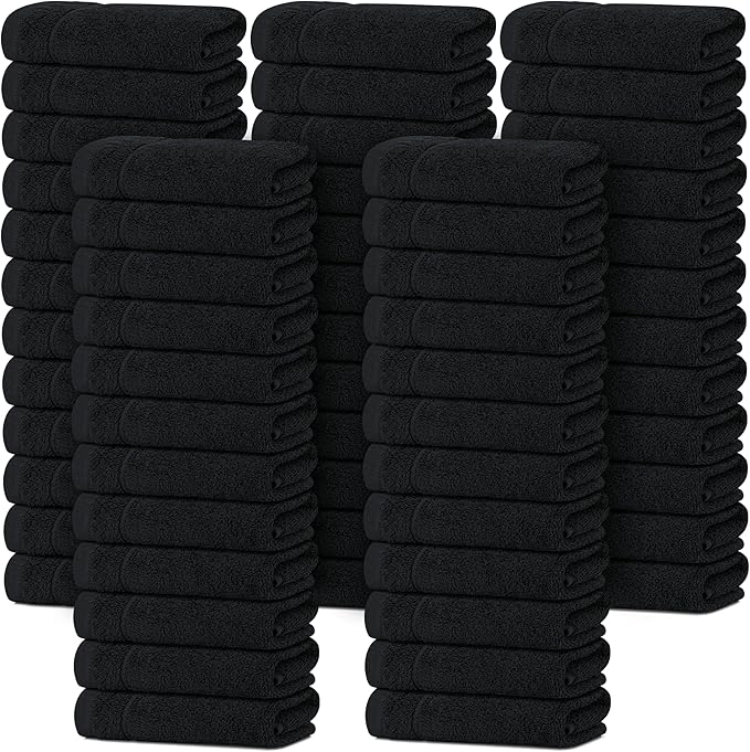 Tens Towels Pack of 60 Washcloths, 12 x 12 Inches, Lighter Weight, Quick to Dry, Super Soft & Absorbent, Gentle Face Towels, Hotel Quality, Perfect for Bathroom, Gym, Spa (Black, 60 Pack)